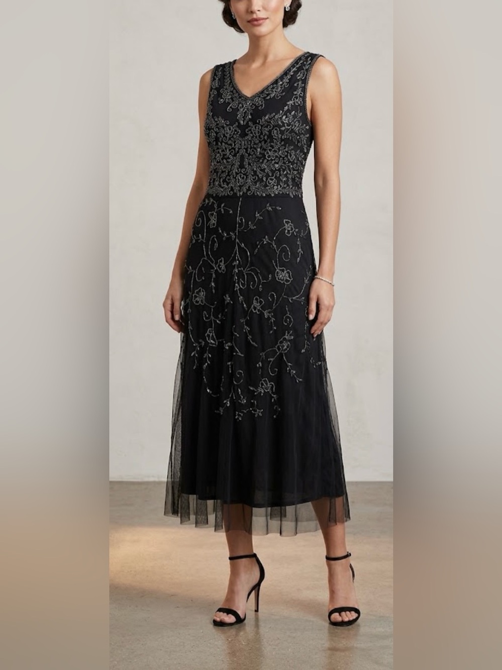 Pisarro Nights Black Sleeveless Embroidered V-Neck Midi Dress